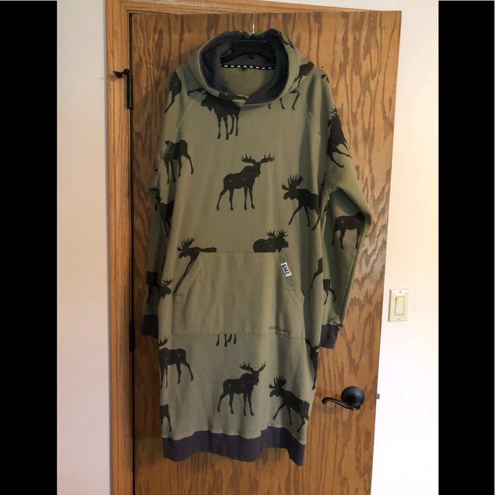 Women’s Olive Green Moose Print Hoodie Dress